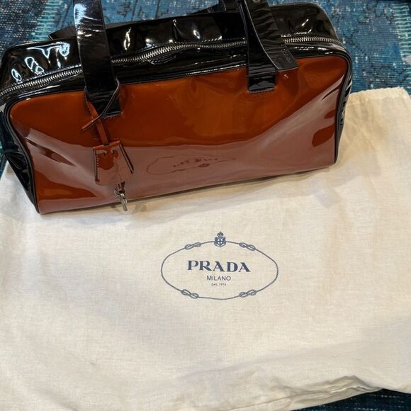Prada Vintage Maroon Patent Leather Bag Authentic Logo Shoulder Purse Italy - Picture 4 of 16